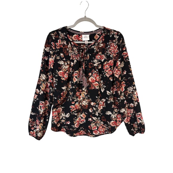 Knox‎ Rose Floral Print Long Sleeve Blouse Top Tassel Tie Black Red Medium - Picture 1 of 6